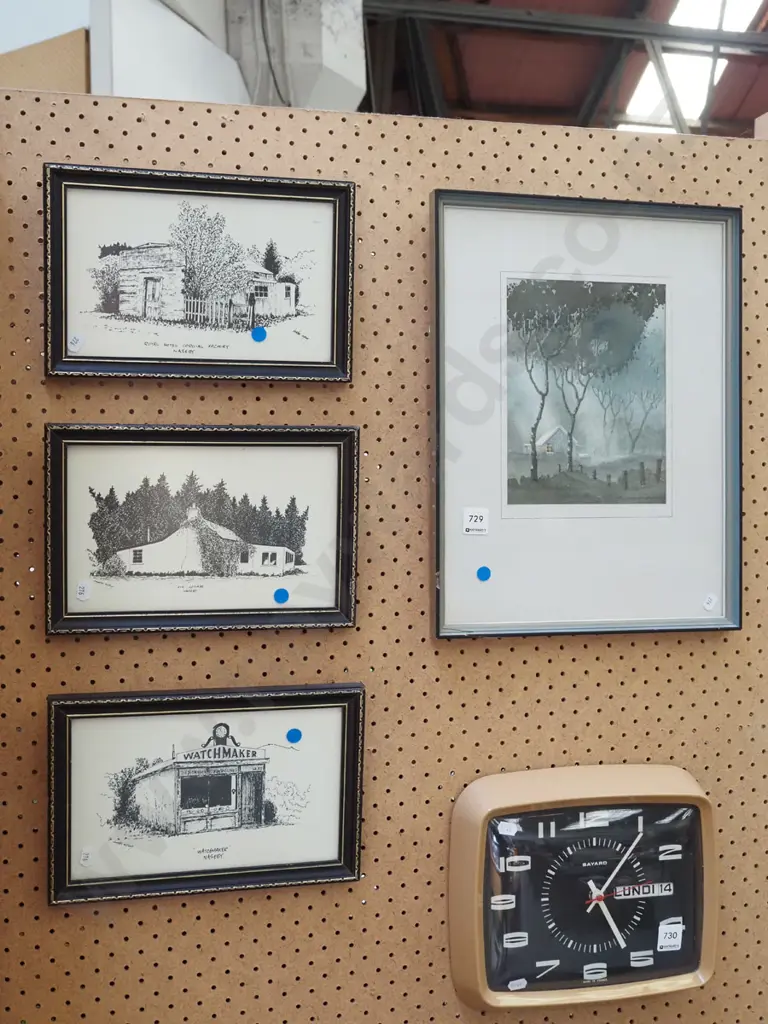 4x framed prints - 3x Naseby cottages, house between trees - blue dots Image 1++