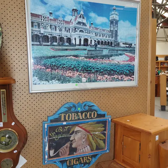 framed puzzle - Dunedin Railway Station, hand painted reproduction ciagr advertising sign - green dots