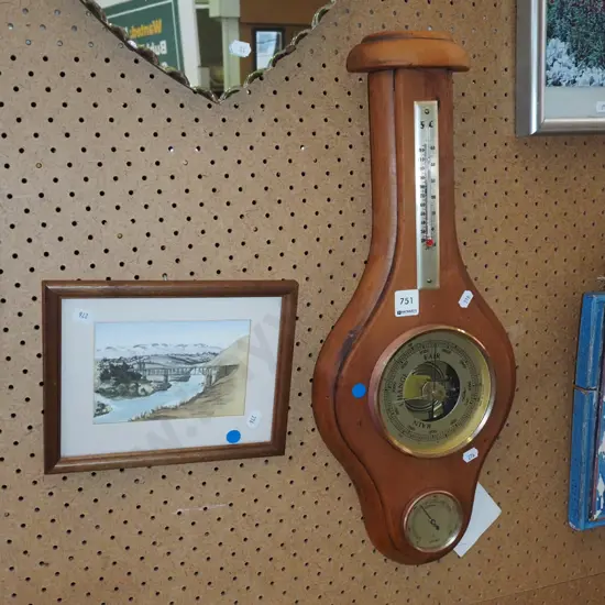 wall mounted barometer/thermometer/hydromet, hand coloured Yvonne Benson print - blue dots