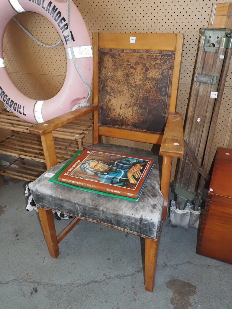 vintage leather and rimu armchair Image 1++