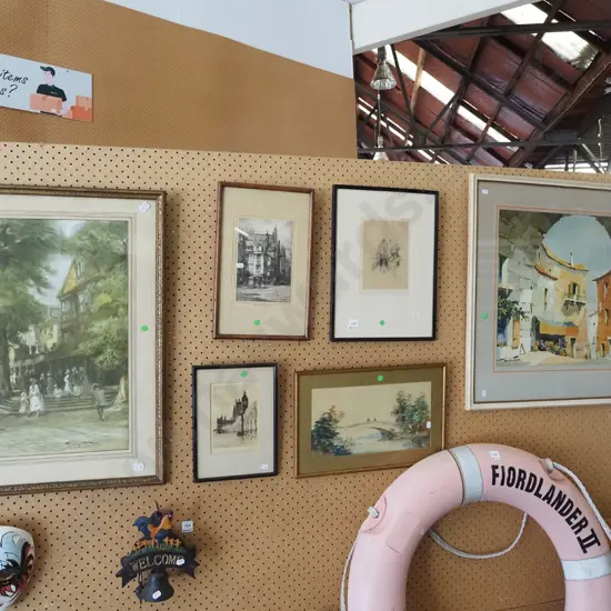 assorted prints, watercolour, etchings - green dots