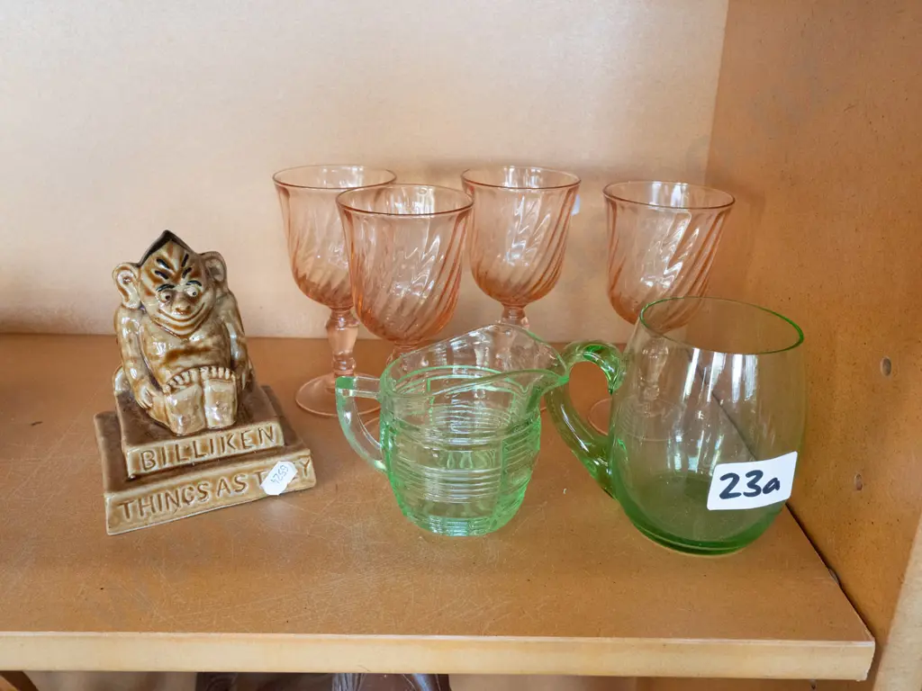 Billiken figurine, pink and green glass ware - glasses, jug Image 1++