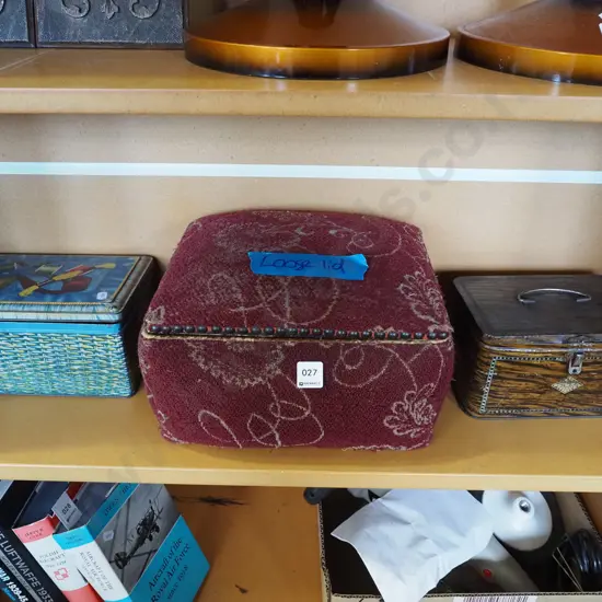 2x vintage tins, upholstered sewing box - loose lid