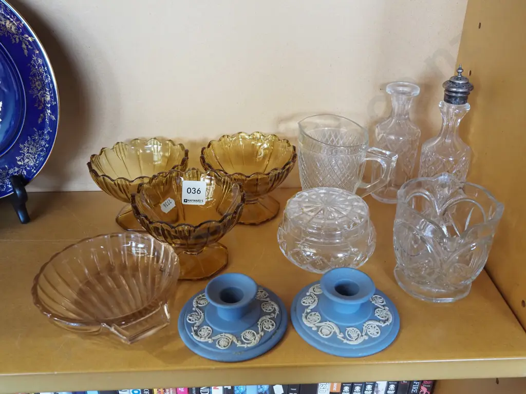 amber glass comports, jasperware candlesticks, jugs etc Image 1++