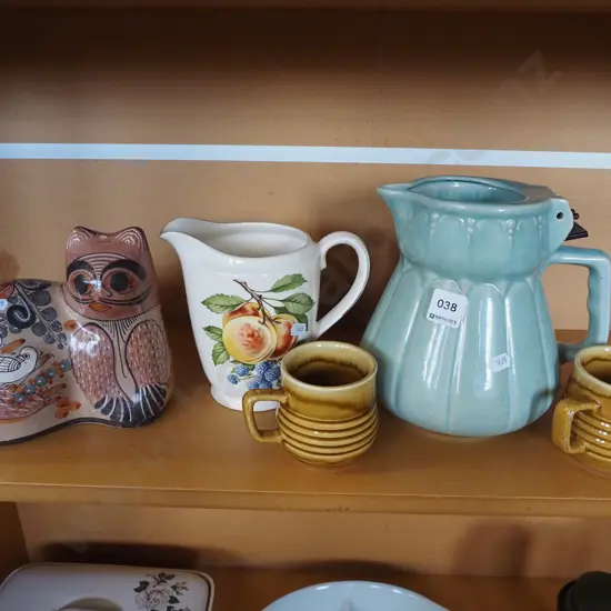 cat figurine, jugs, 2x coffee cups