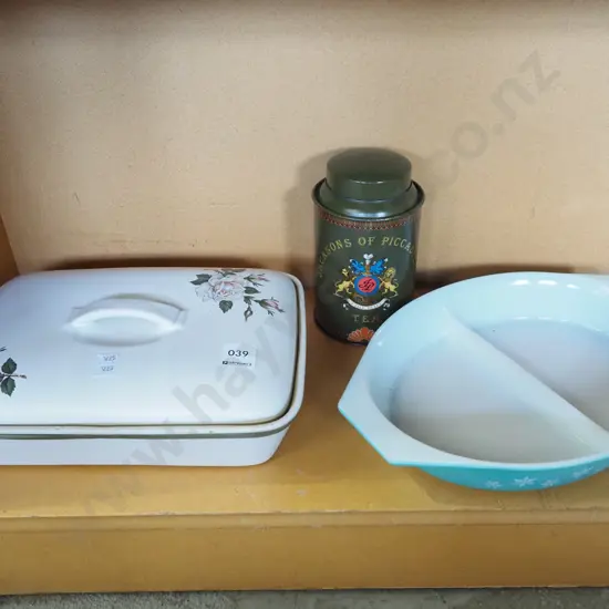 Denby casserole, retro segmented pyrex dish, tea tin