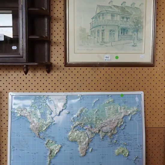 pressed tin map of the world, framed print - Paddington London - green dots