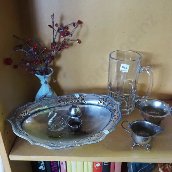 large glass beer stein, plated comport, vase etc