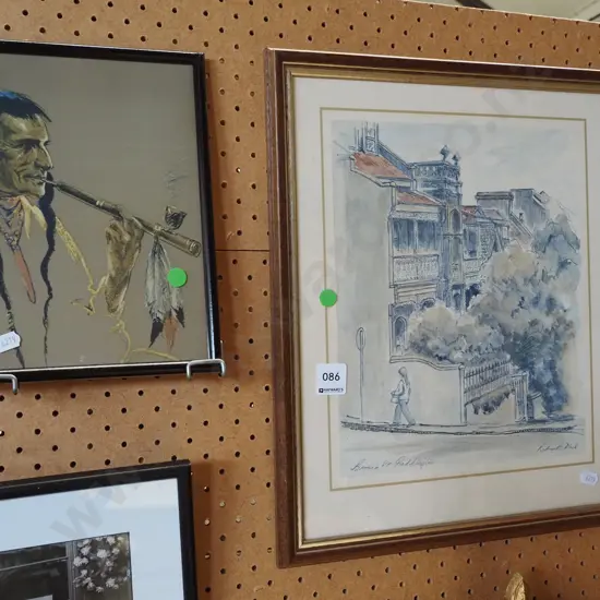 2x framed prints - Paddington London, First Nations pipe smoker - green dots