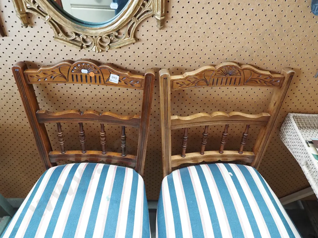 pair of Edwardian spindle back turned leg upholstered dining chairs - some staining to upholstery Image 1++