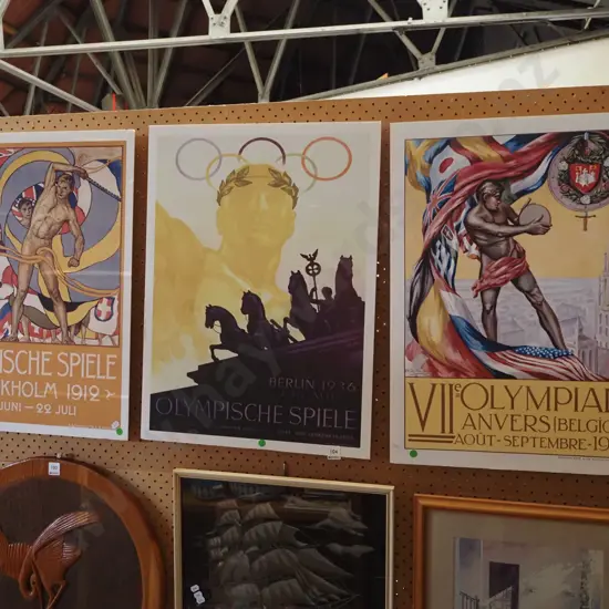 3x vintage Olympic poster prints on board - significant creasing - green dots