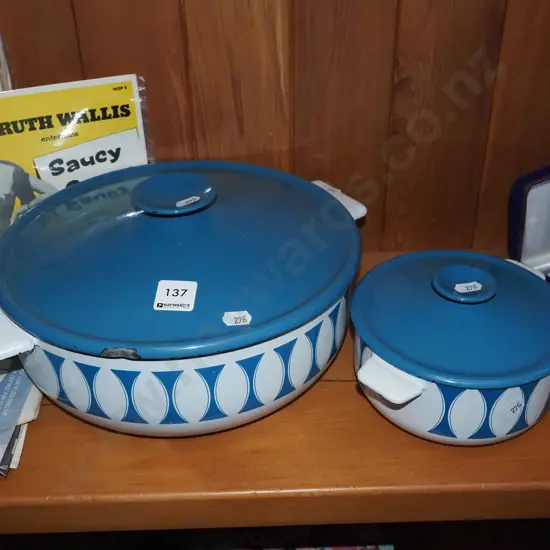 2x retro enamel lidded casseroles - some chips