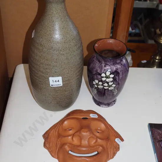 studio pottery bottle vase, ceramic mask, 1 other vase Bottle vase H280