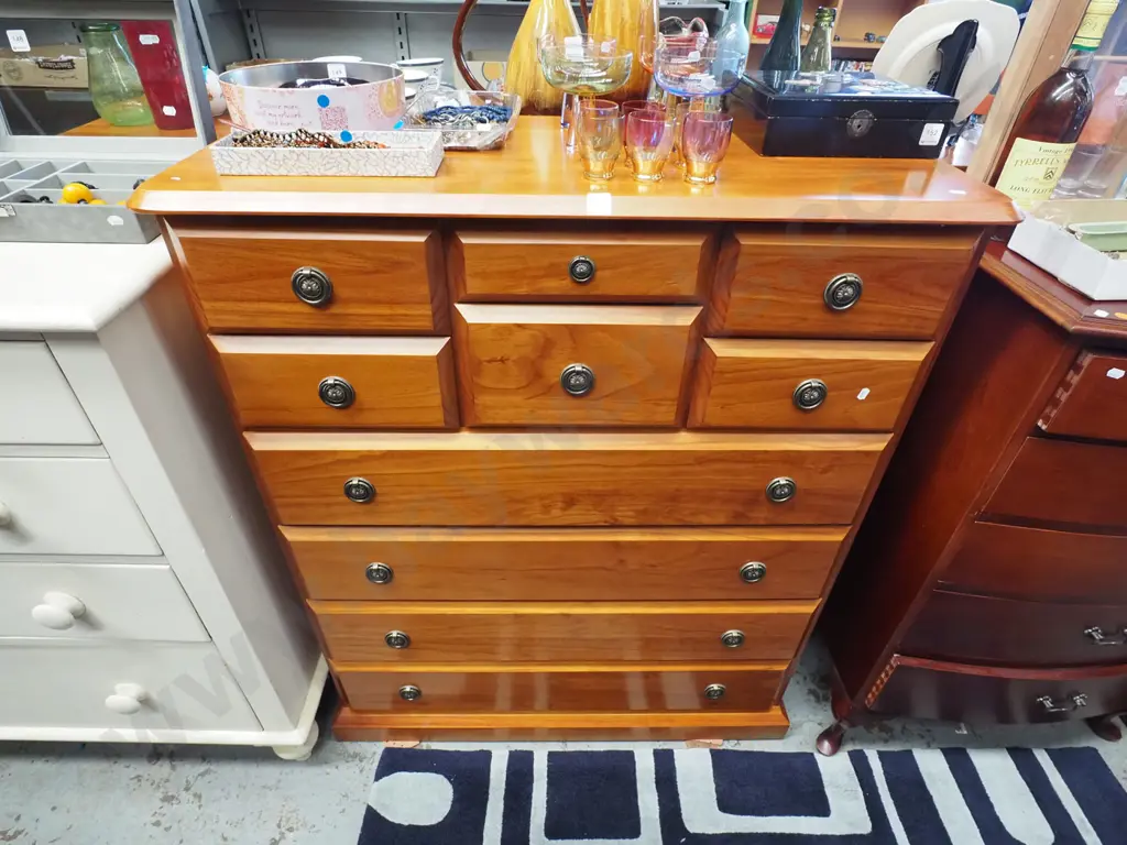 pine 10 drawer tall boy with cast brass drop handles - excellent condition H1090 W1000 D425 Image 1++