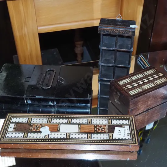 miniature wooden shelves, cribbage scorers, cash box