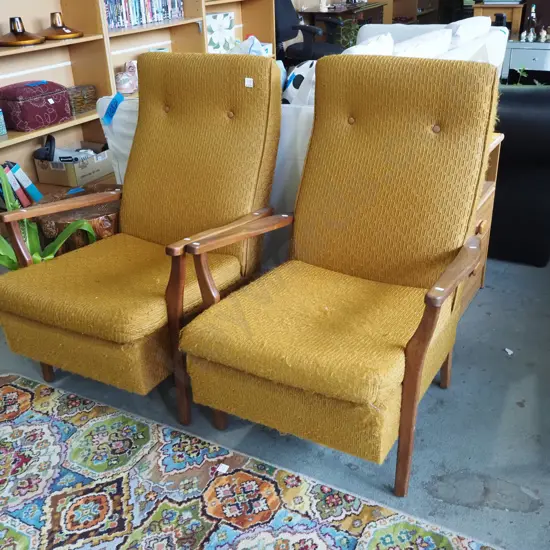 pair of mid century upholstered and mahogany armchairs - upholstery needs attention
