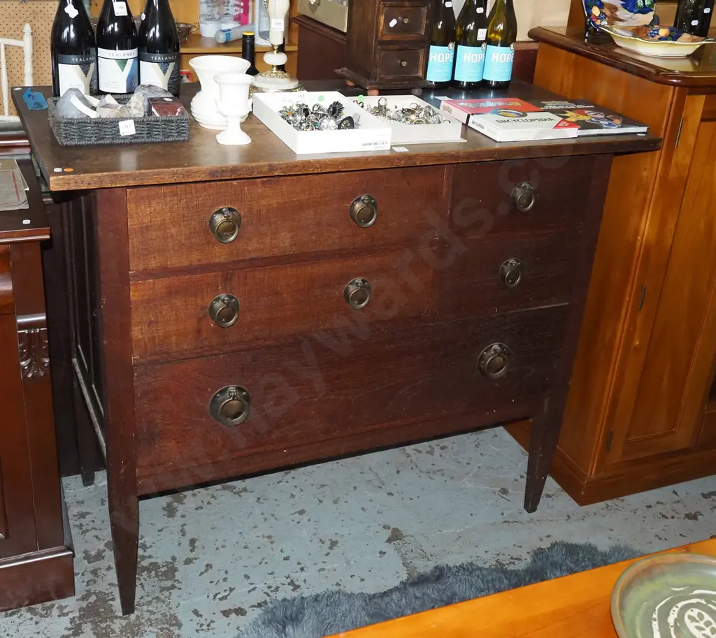 arts and craft oak and rimu 4 drawer chest with brass drop handles - some signs of borer in back Image 1++