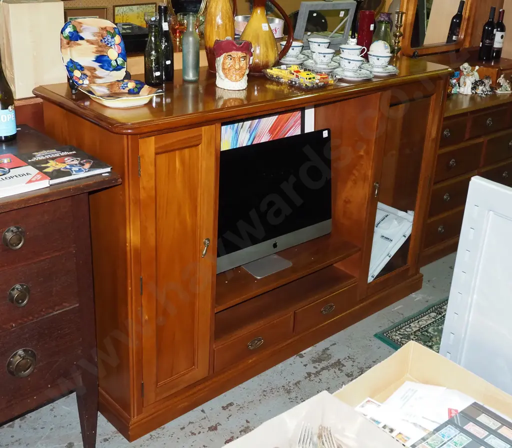 large solid rimu entertainment unit with 2 drawer, 1 solid door, CD storage, glazed door H1130 W1700 D550 Image 1++