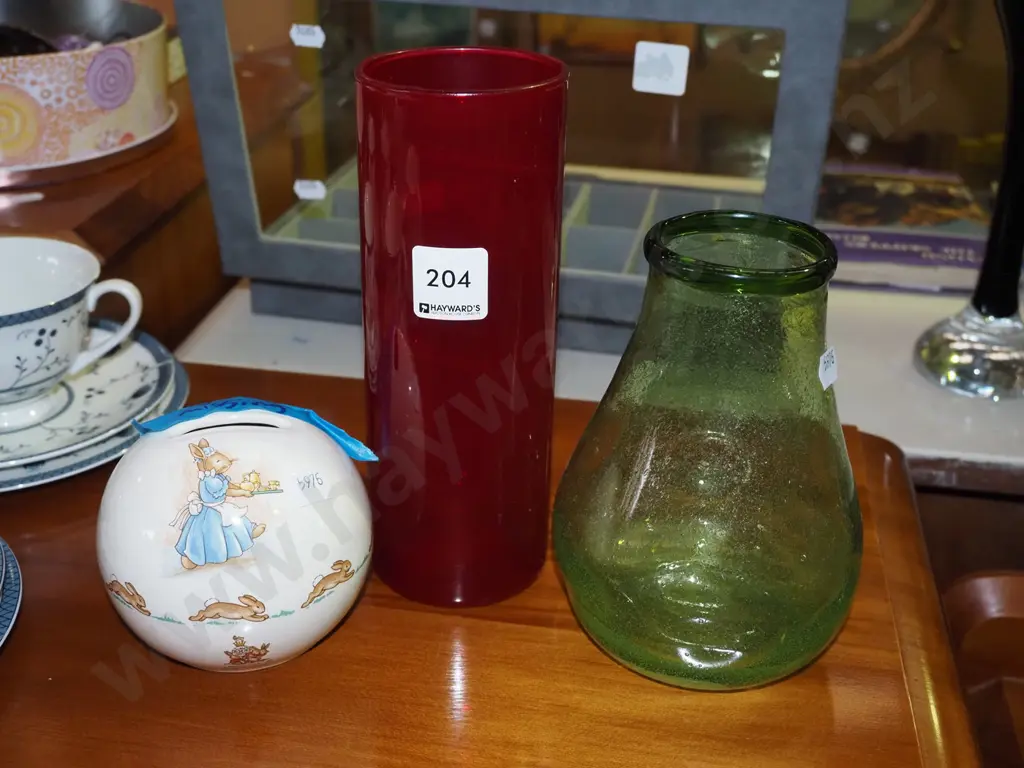 2x glass vases, bunnykins money box - missing plug Vase H210 Image 1++