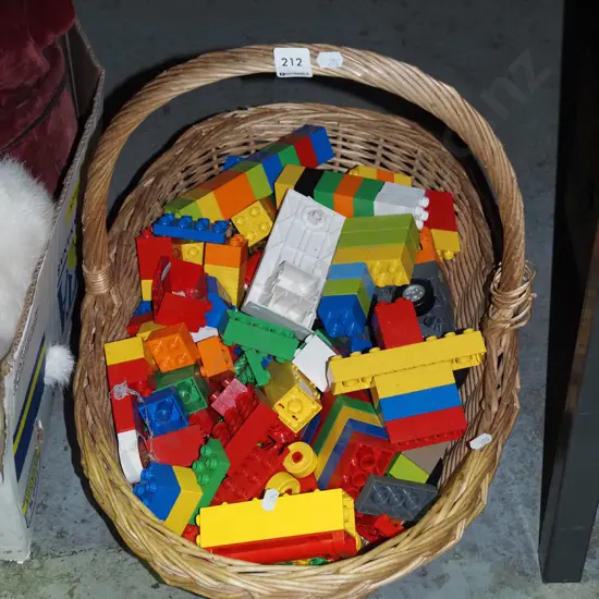 cane basket, childs Duplo blocks