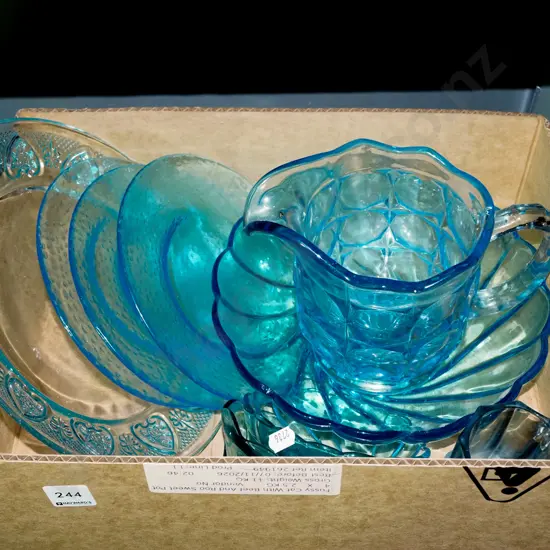 box of blue glass ware, plates, bowl etc