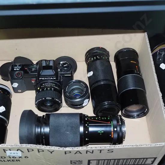 box; Pentax A3 35mm camera with 5 additional lenses