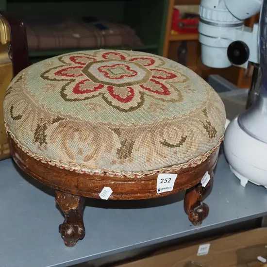 mahogany cab leg needlework covered footstool Diam330