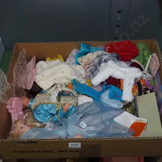 box; toy dolls, clothes