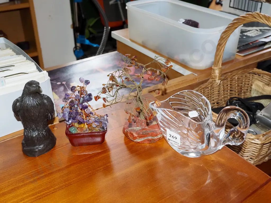 glass swan, bird figurines, 2x polished stone tree ornaments Bird H140 Image 1++