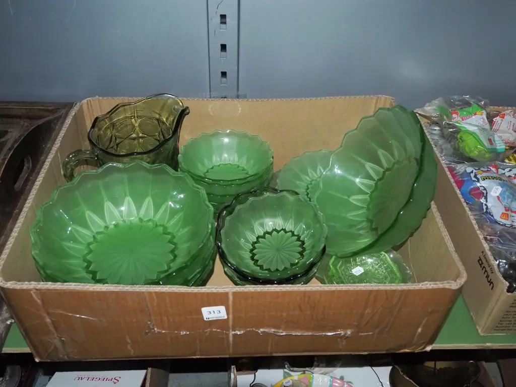 box; green glass ware, sweet sets, water jug etc Image 1++