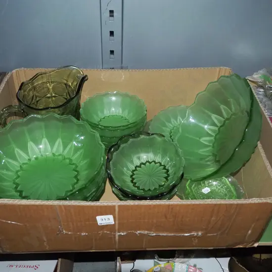 box; green glass ware, sweet sets, water jug etc