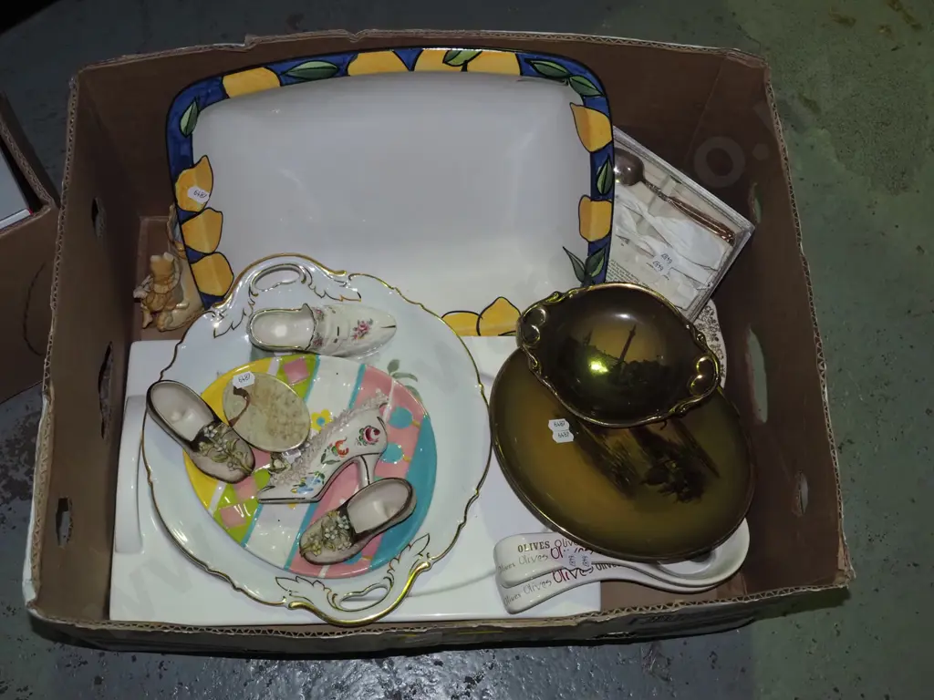 box; hand painted Temuka pottery baking dish/bowl, Ridgeway vista ware items etc Image 1++