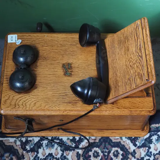 oak cased Ericsson wall mounted telephone - missing many internal mechanisms