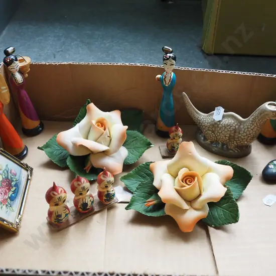 box; capodimonte roses, wooden figurines etc