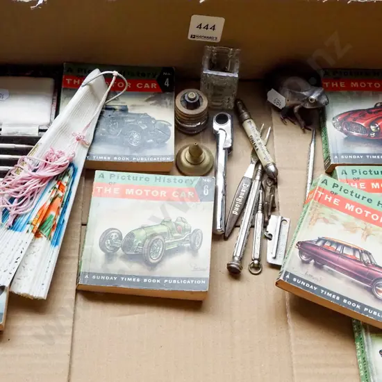 box; bridge pens, hand fan, pictorial books etc