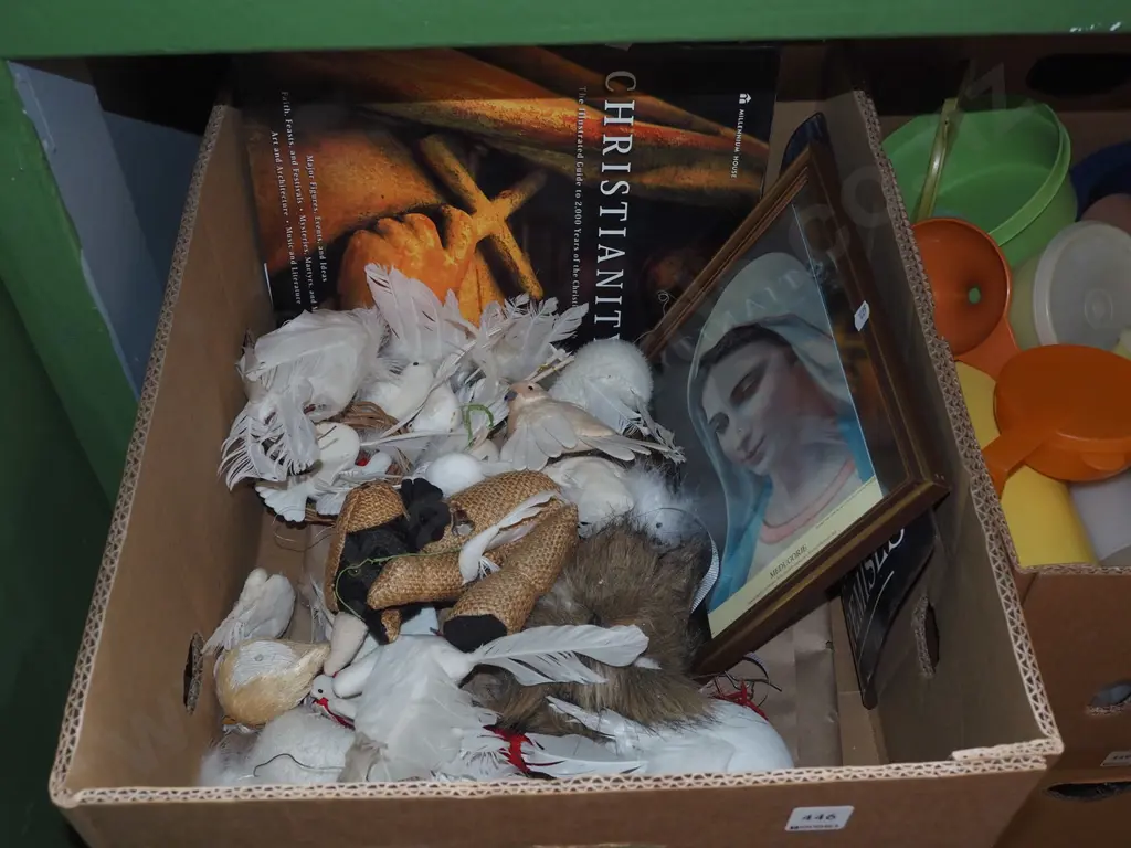 box; various bird figurines, christianity book, print etc Image 1++