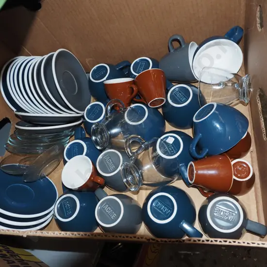 box; Acme and glass coffee cups and saucers