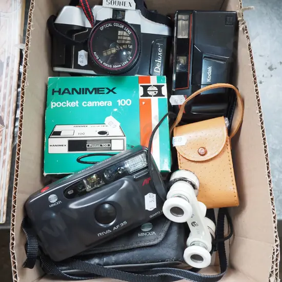 box; 35mm cameras, small pair of binoculars