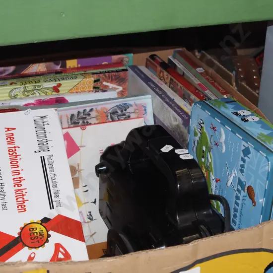 box; books, kitchen slicer, Living & Co sausage roll maker