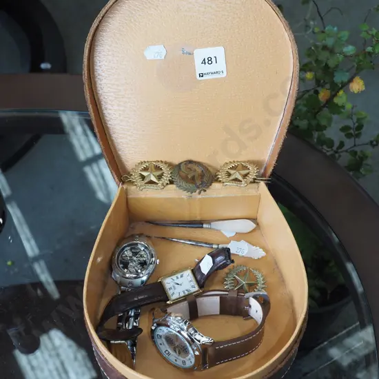leather collar box, watches, badges etc
