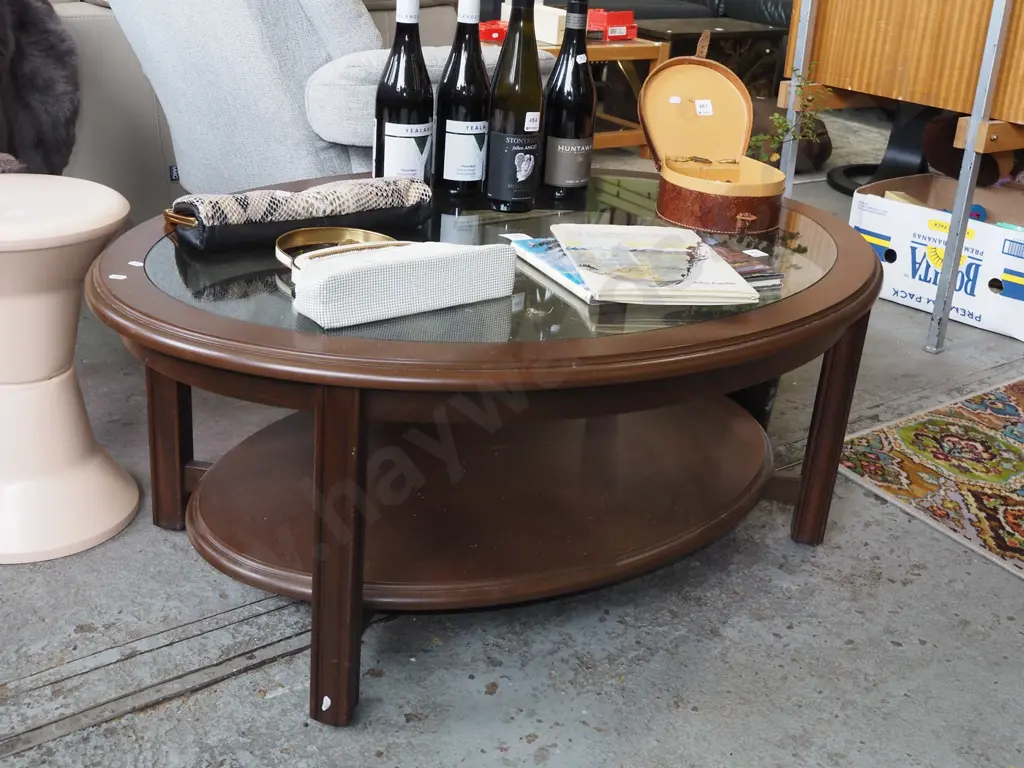 mdf wood veneer oval 2 tier glass top coffee tagble H450 W1180  Image 1++