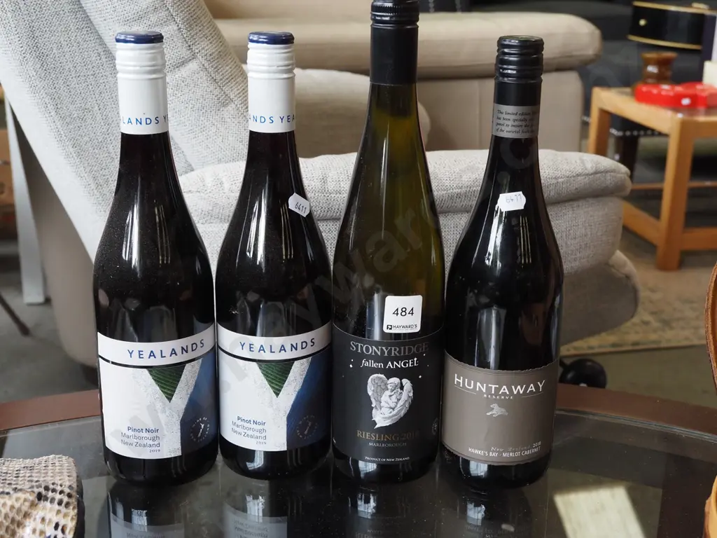 4x bottles of wine; 2x Yelands pinot noir 2019, 1x Stoneyridge reisling 2018, Hunterway Reserve merlot cabernet 2018 Image 1++
