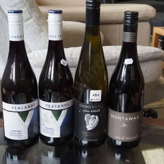 4x bottles of wine; 2x Yelands pinot noir 2019, 1x Stoneyridge reisling 2018, Hunterway Reserve merlot cabernet 2018