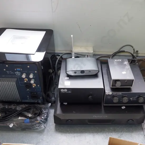 Reltx5 sub base speaker Nuforce processor, naim audio components, box of cables