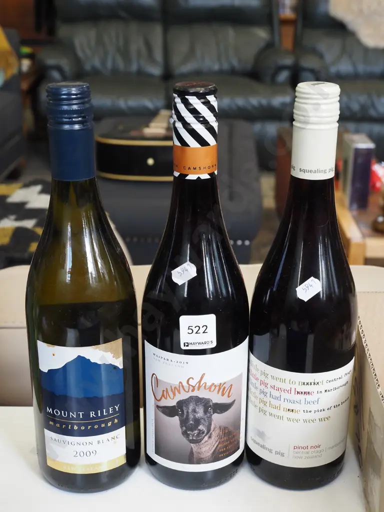3x bottles of wine; Squealing Pig pinot noir 2018, Mt Riley sauvignon blanc 2019, Camshorn pint noir 2019 Image 1++