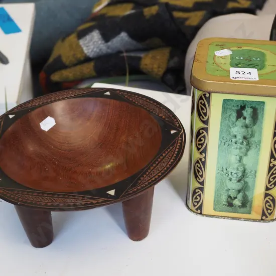 vintage tea tin, small souvenir kava bowl
