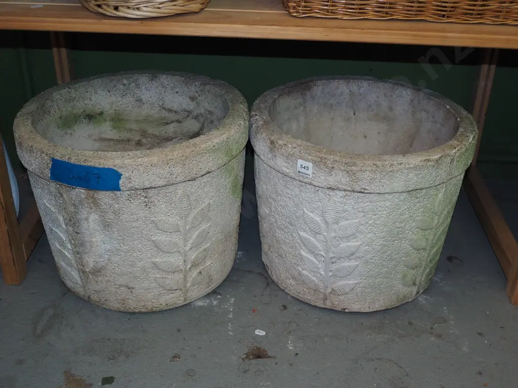 2x mid century garden planters with foliate designs H300 Diam390 Image 1++