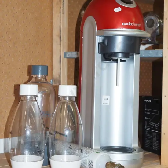 soda stream, gas bottle,  3x soda  bottles