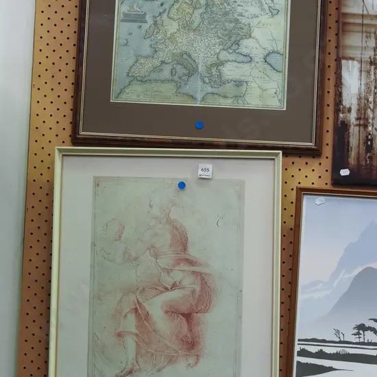 framed Michelangelo print, framed map of Europe print - blue dots