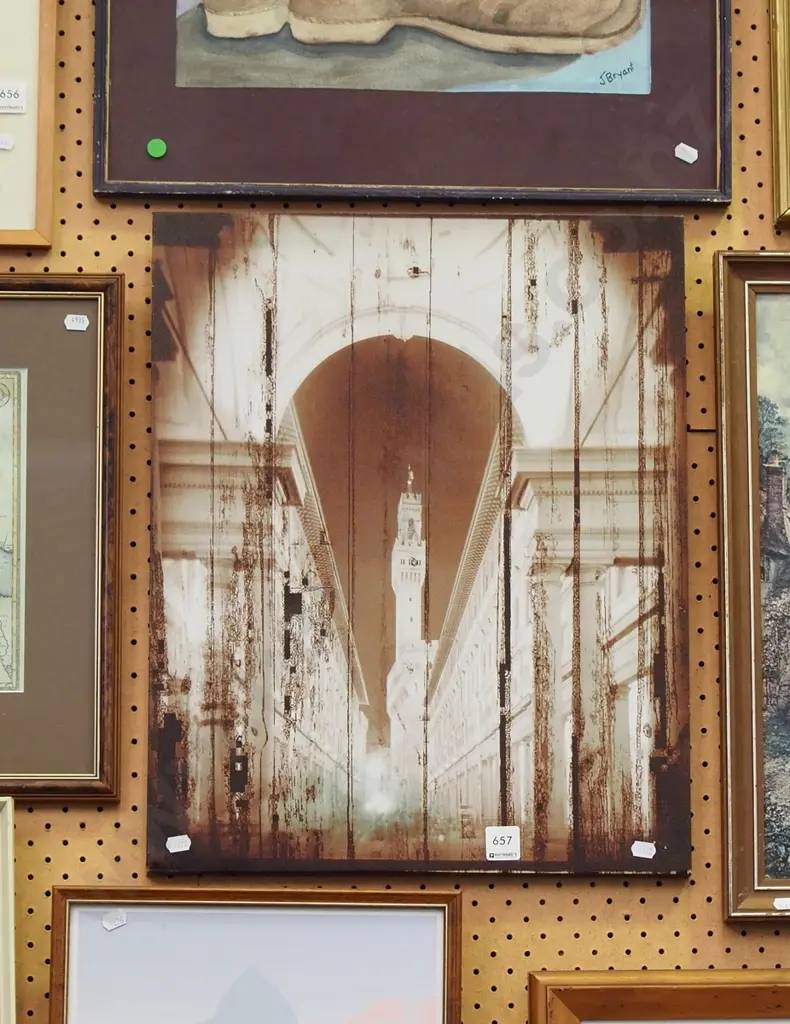 framed print on boxed canvas - archway and tower Image 1++